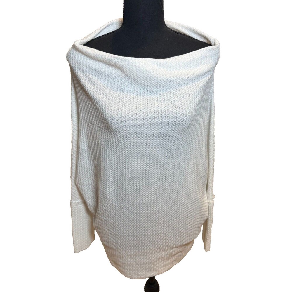 Umgee Waffle Knit Draped Neck Banded Sleeve White Shirt Size Small Boho Beachy